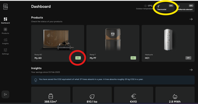 App - Dashboard thermostat AO status