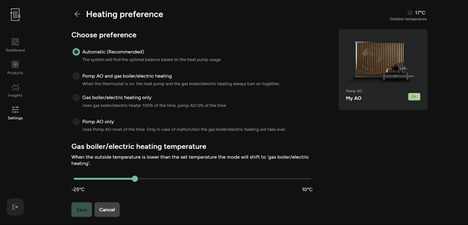 App - Settings heating