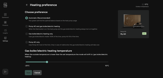 App - Settings heating